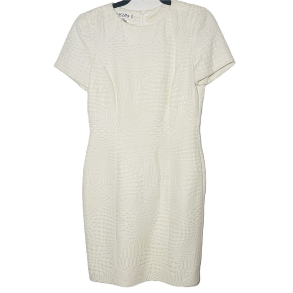 Vintage Escada Cream Geometric Sunburst Jacquard Sheath Dress size 34 size 4-6